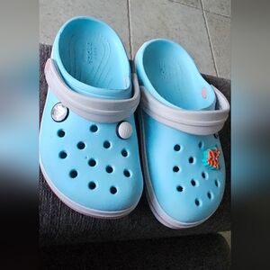 CROCS Kids Light Blue Clog with Gray Strap and Pink Accents Bin #1